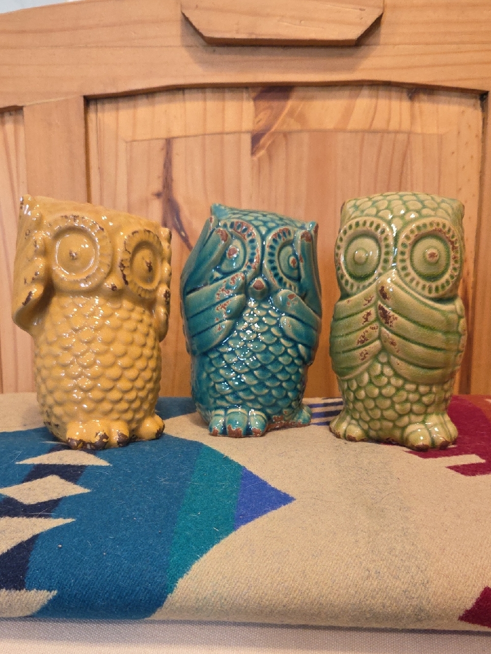 Ceramic Owl Trio - Yellow, Teal & Green Decorative Figurines